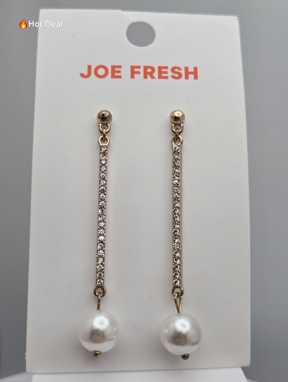 ✨2/$10✨ Joe Fresh Gold-Tone Crystal Bar Faux Pearl Drop Earrings Pavé Rhinestone